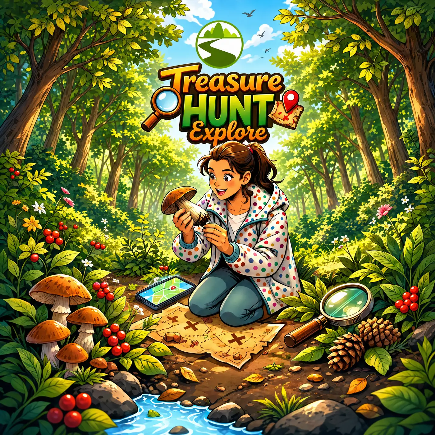 Treasure Hunt Explore — an explorer kneeling in a sunlit forest with a treasure map, phone and magnifying glass.